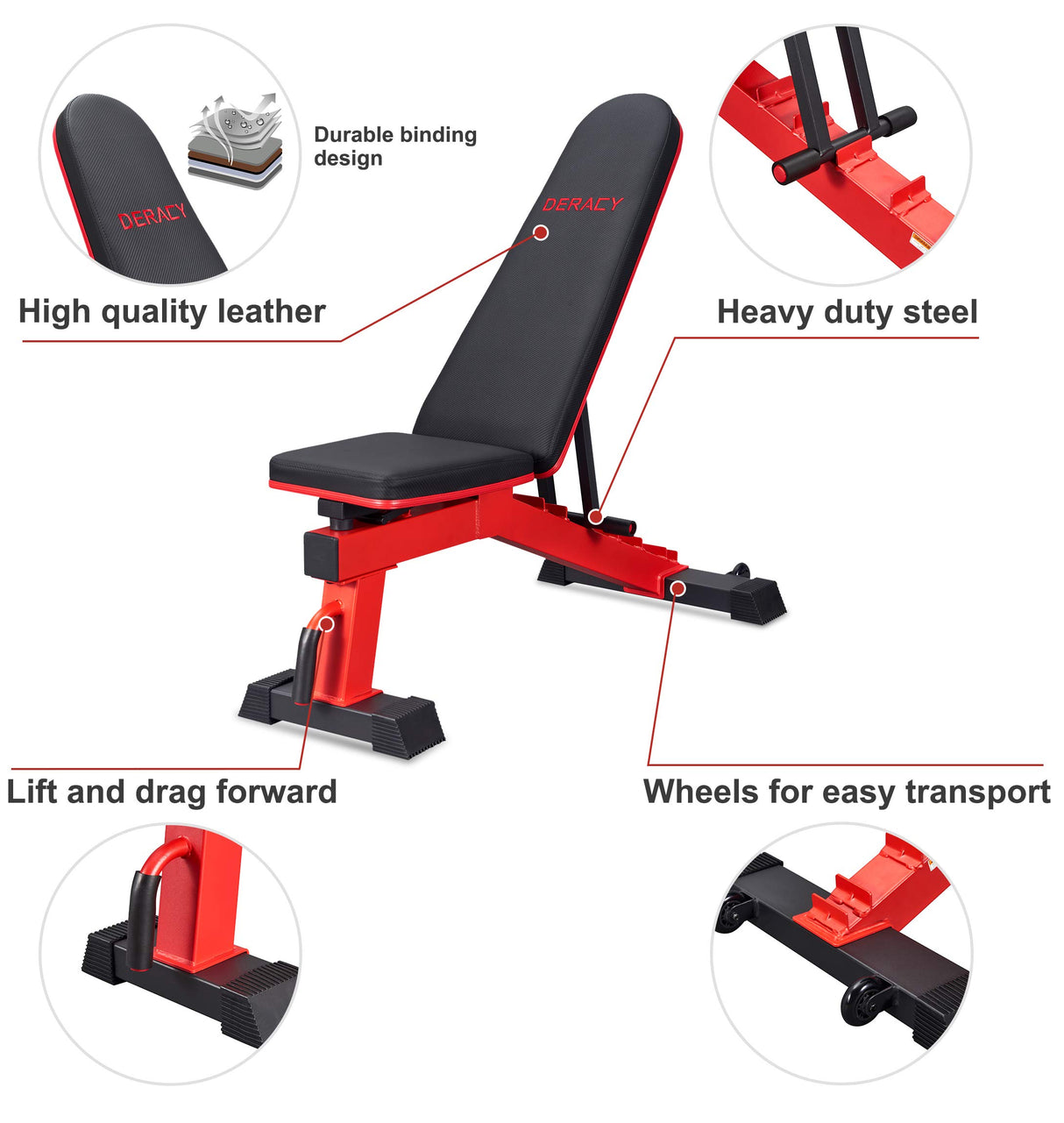 DERACY Adjustable Weight Bench for Full Body Workout, Incline and Decline Weight Bench for Indoor Workout, Home Gym (Red) DERACY