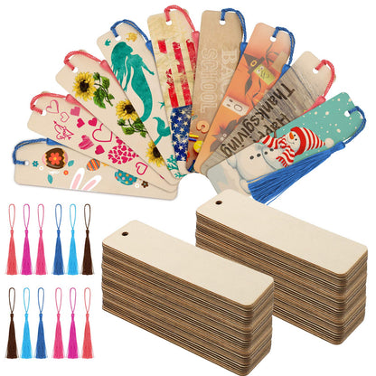 36 Pieces Wood Bookmark Bulk Blank Bookmarks with 36 Pieces 6 Colors Tassels, Wooden Book Markers Rectangle Thin Hanging Tag with Holes for DIY