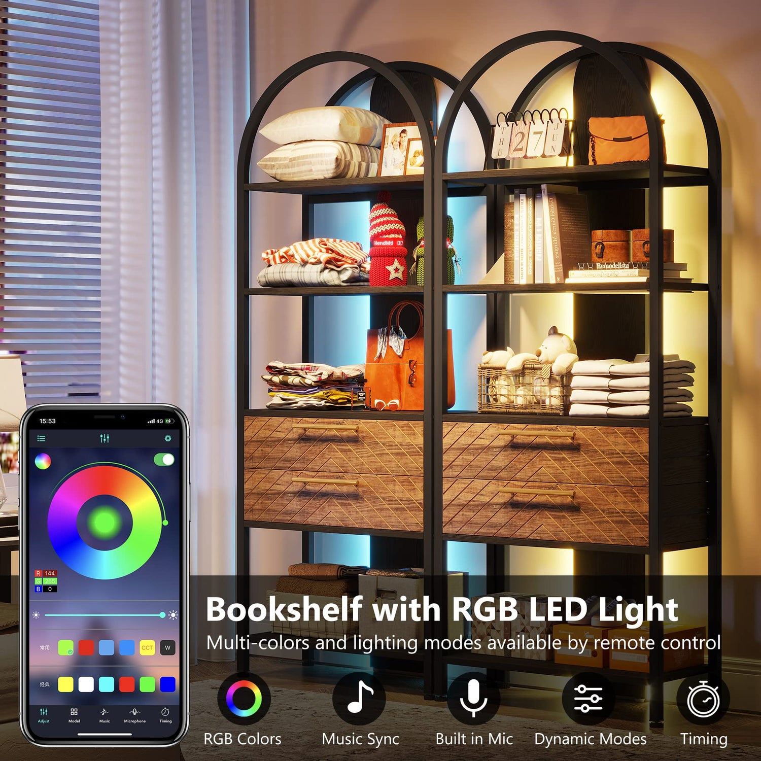 Tribesigns 4-Tier Industrial Bookshelf with LED and Drawers, 70.8" Arched Storage Rack Tribesigns