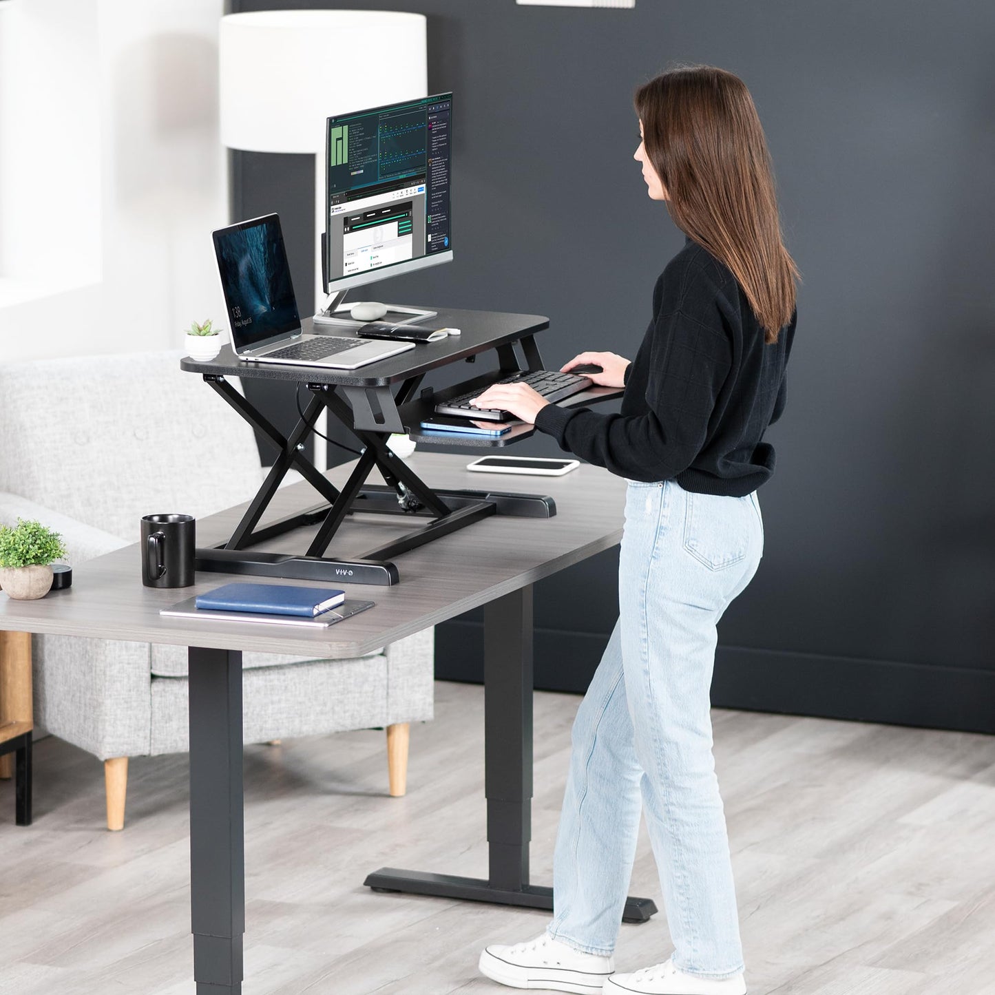 VIVO 32 inch Desk Converter, K Series, Height Adjustable Sit to Stand Riser, Dual Monitor and Laptop Workstation with Wide Keyboard Tray, Black, - WoodArtSupply