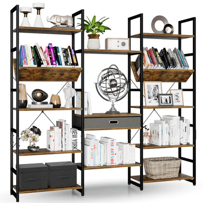 NUMENN Adjustable 5-Tier Triple Wide Rustic Industrial Bookshelf - WoodArtSupply