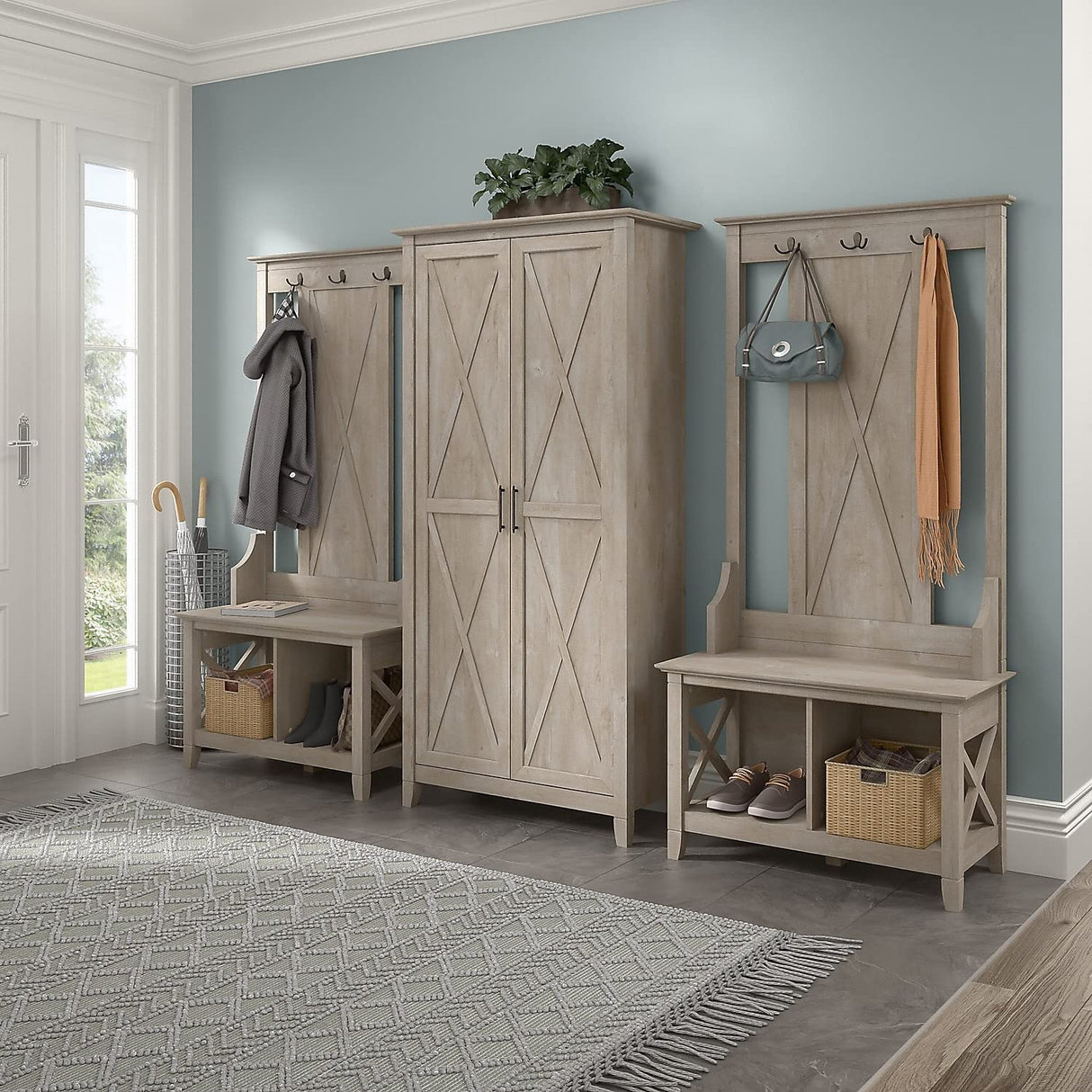 Bush Furniture Key West Tall Storage Cabinet with Doors in Washed Gray | Accent Chest for Home Office, Living Room, Entryway, Kitchen Pantry and More Bush Business Furniture