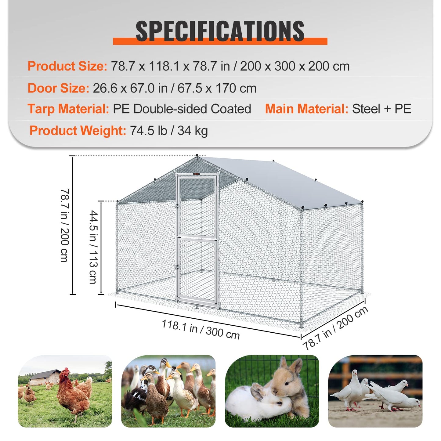 VEVOR Large Metal Chicken Coop with Run, Walkin Poultry Cage for Yard with Waterproof Cover, 6.6 x 9.8 x 6.6 ft Peaked Roof for Hen House, Duck and