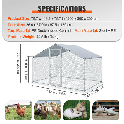 VEVOR Large Metal Chicken Coop with Run, Walkin Poultry Cage for Yard with Waterproof Cover, 6.6 x 9.8 x 6.6 ft Peaked Roof for Hen House, Duck and