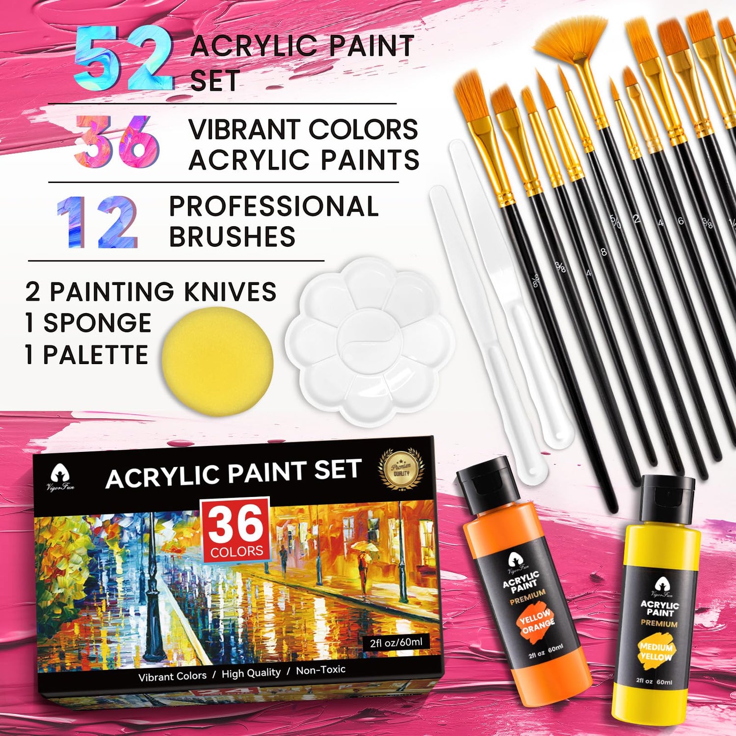 52 PCS Acrylic Paint Set with 12 Brushes, 2 Knives and Palette, 36 Colors (2oz/60ml) Art Craft Paints Gifts for Adults Kids Artists Beginners, Art VigorFun