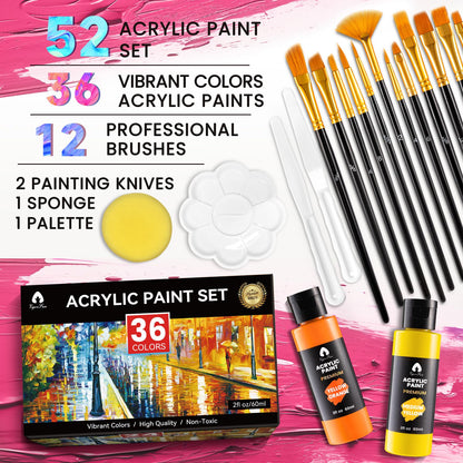 52 PCS Acrylic Paint Set with 12 Brushes, 2 Knives and Palette, 36 Colors (2oz/60ml) Art Craft Paints Gifts for Adults Kids Artists Beginners, Art