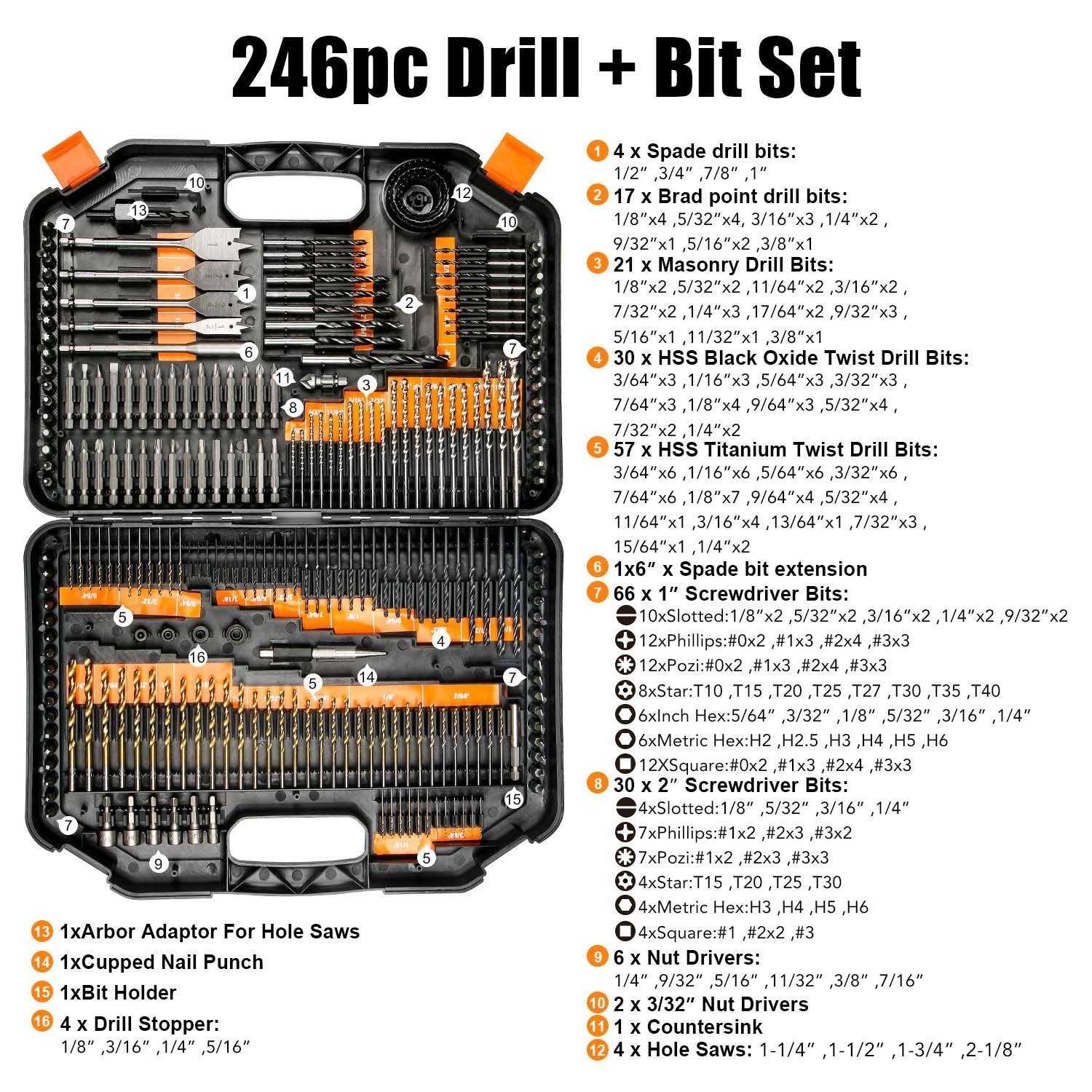 EnerTwist Drill Bit Set, 246-Pieces Drill Bits and Driver Set for Wood Metal Cement Drilling and Screw Driving, Full Combo Kit Assorted in Plastic - WoodArtSupply