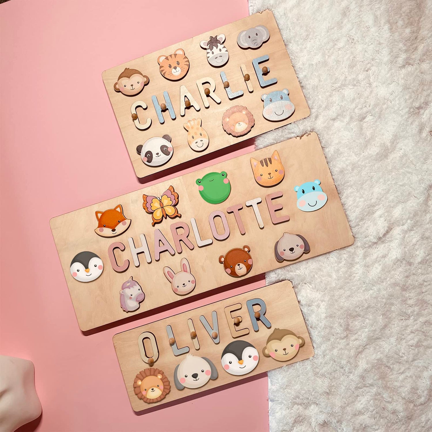 PUREFLY Personalized Name Puzzle for Kids Engraved Text Greetings on Back Custom Wooden Name Signs with Pegs for Baby Boy & Girl 1 Year Old Nursery PUREFLY