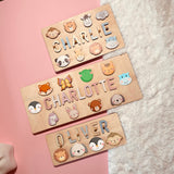 PUREFLY Personalized Name Puzzle for Kids Engraved Text Greetings on Back Custom Wooden Name Signs with Pegs for Baby Boy & Girl 1 Year Old Nursery PUREFLY