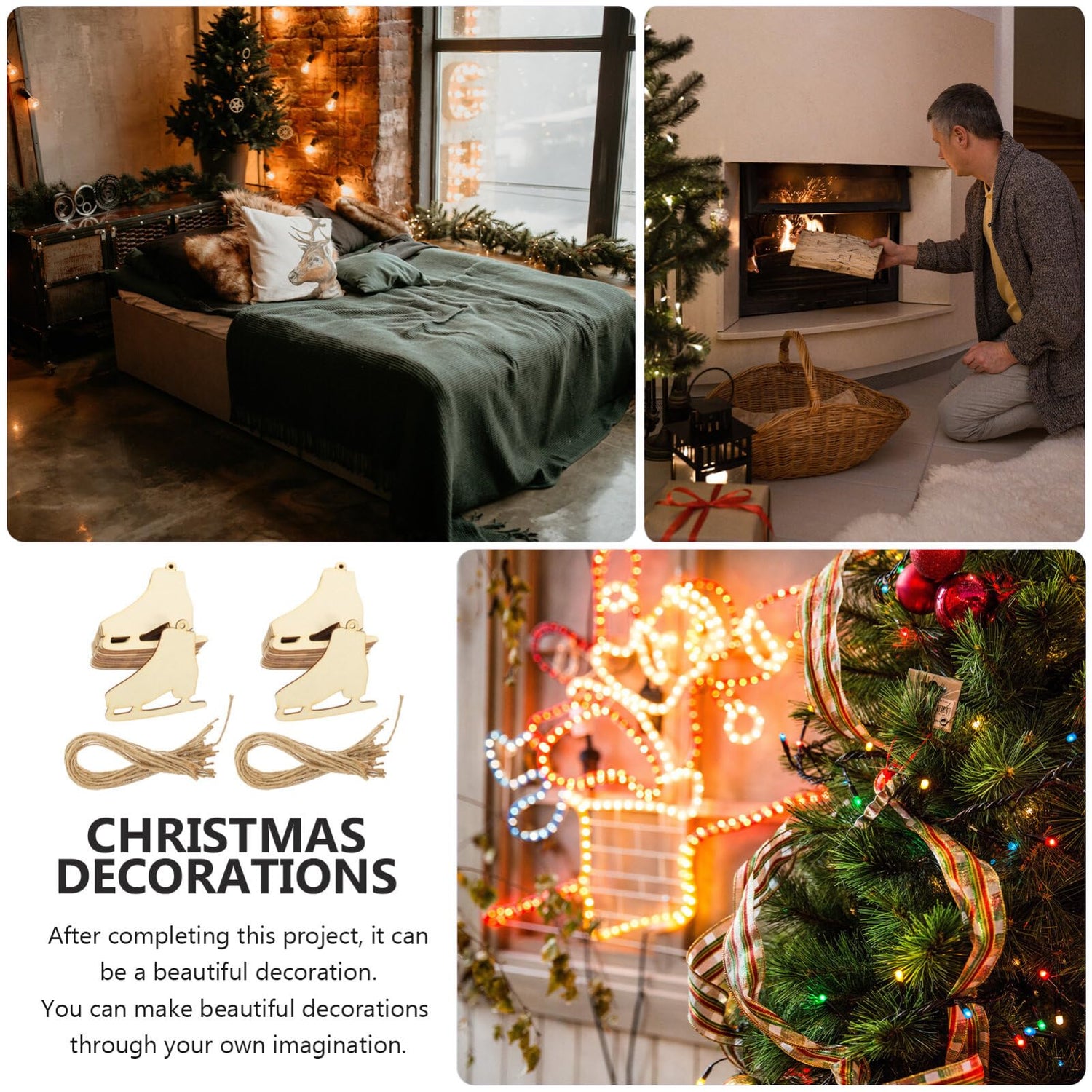 Hockey Skates Ornament Wooden Ice Skating Ornament 40 Sets Unfinished Wood Slices Wood Graffiti Pendants Hanging Ornaments for Christmas Tree SEWACC