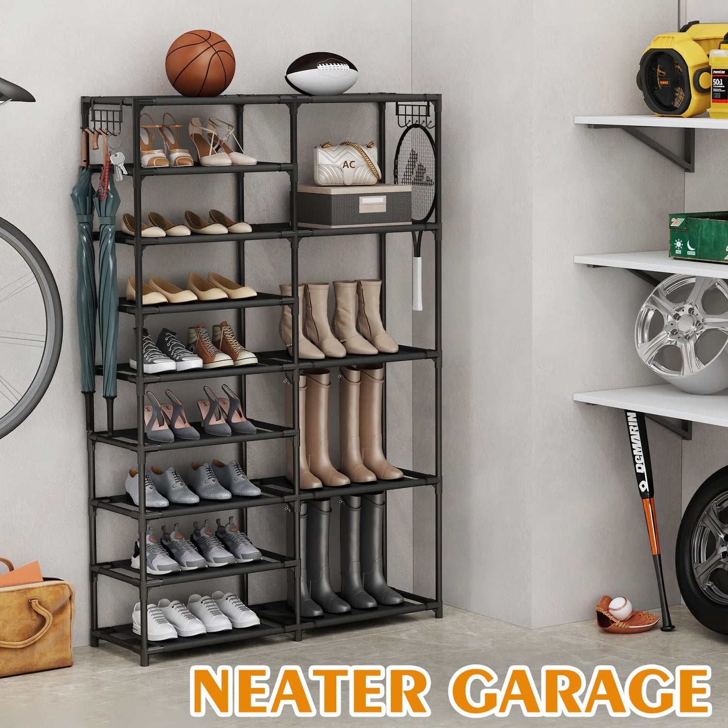 CSXGBAB Tall Garage Shoe Rack Large Capacity,Two Rows Versatile Hooks Storage Boot Shelf Black 24-35 Pairs CSXGBAB