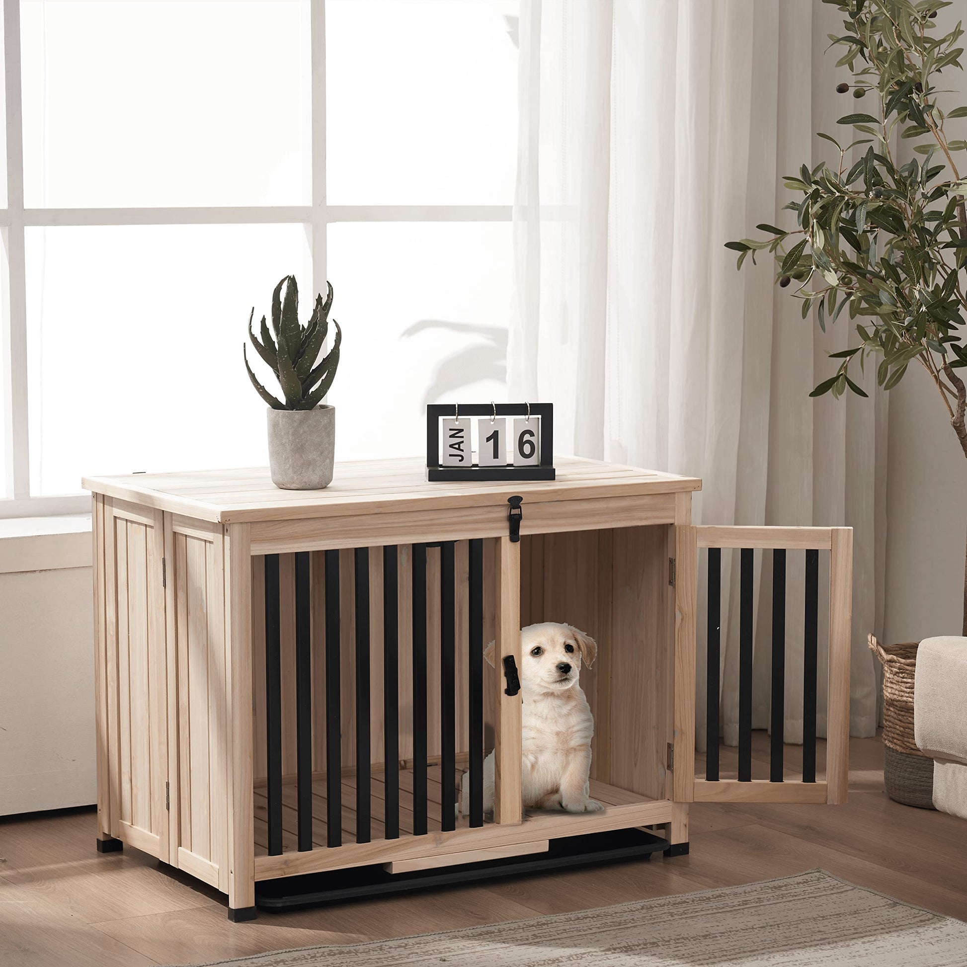 MCombo Wooden Dog Crate Furniture, Dog Kennel Pet House End Table, Solid Wood Portable Foldable Indoor Cage for Dogs, No Assembly Needed (Medium, - WoodArtSupply