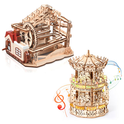 MIEBELY 3D Wooden Puzzles for Adults Bundle Set - Marble Run Model Building Kits & LED Carousel Music Box, Unique Gift Hobby for Boys Girls Family - WoodArtSupply