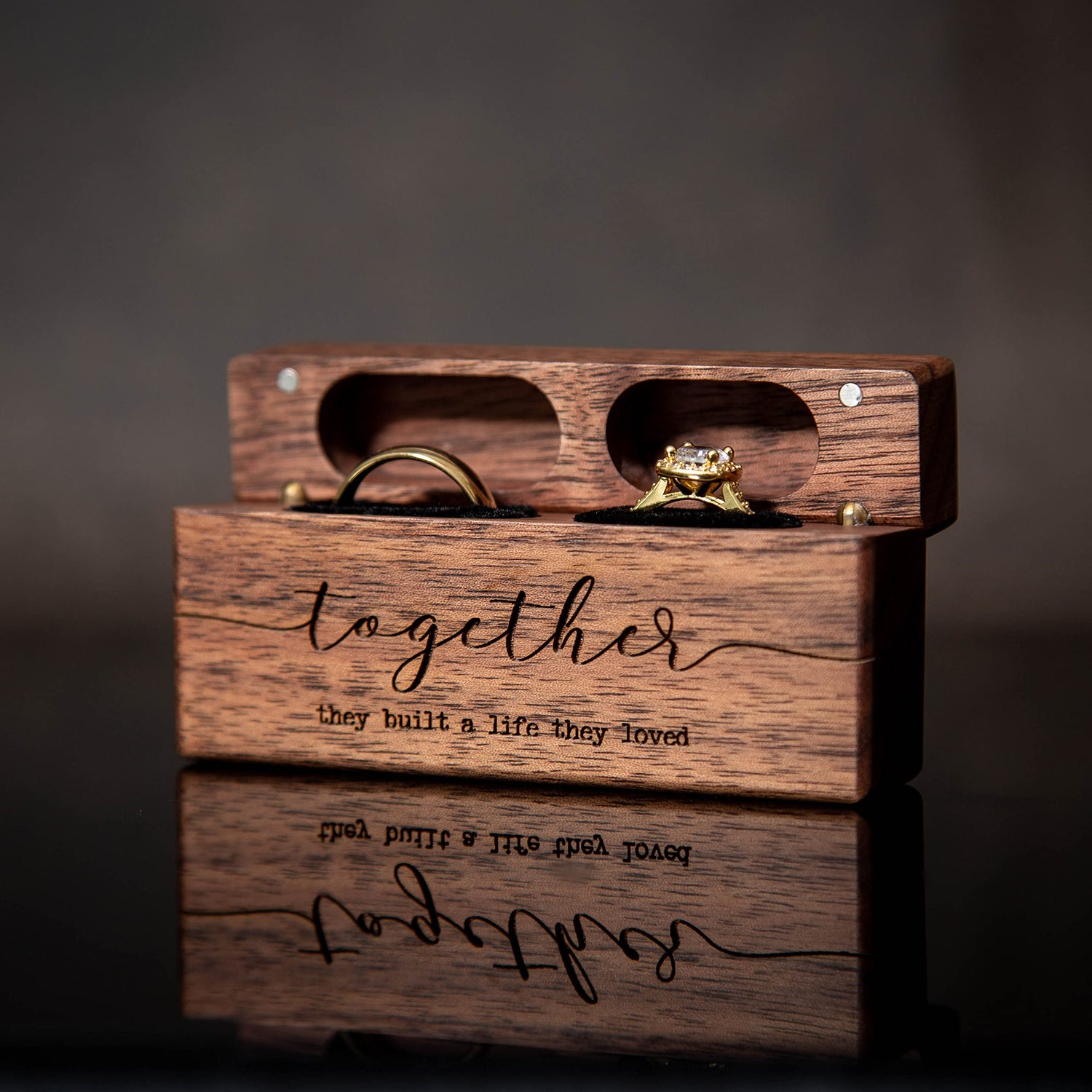 MUUJEE Together Double Ring Box - Engraved Slim Wooden Ring Case Box for Wedding Ceremony Engagement Proposal Ring Bearer Box - Anniversary Birthday MUUJEE