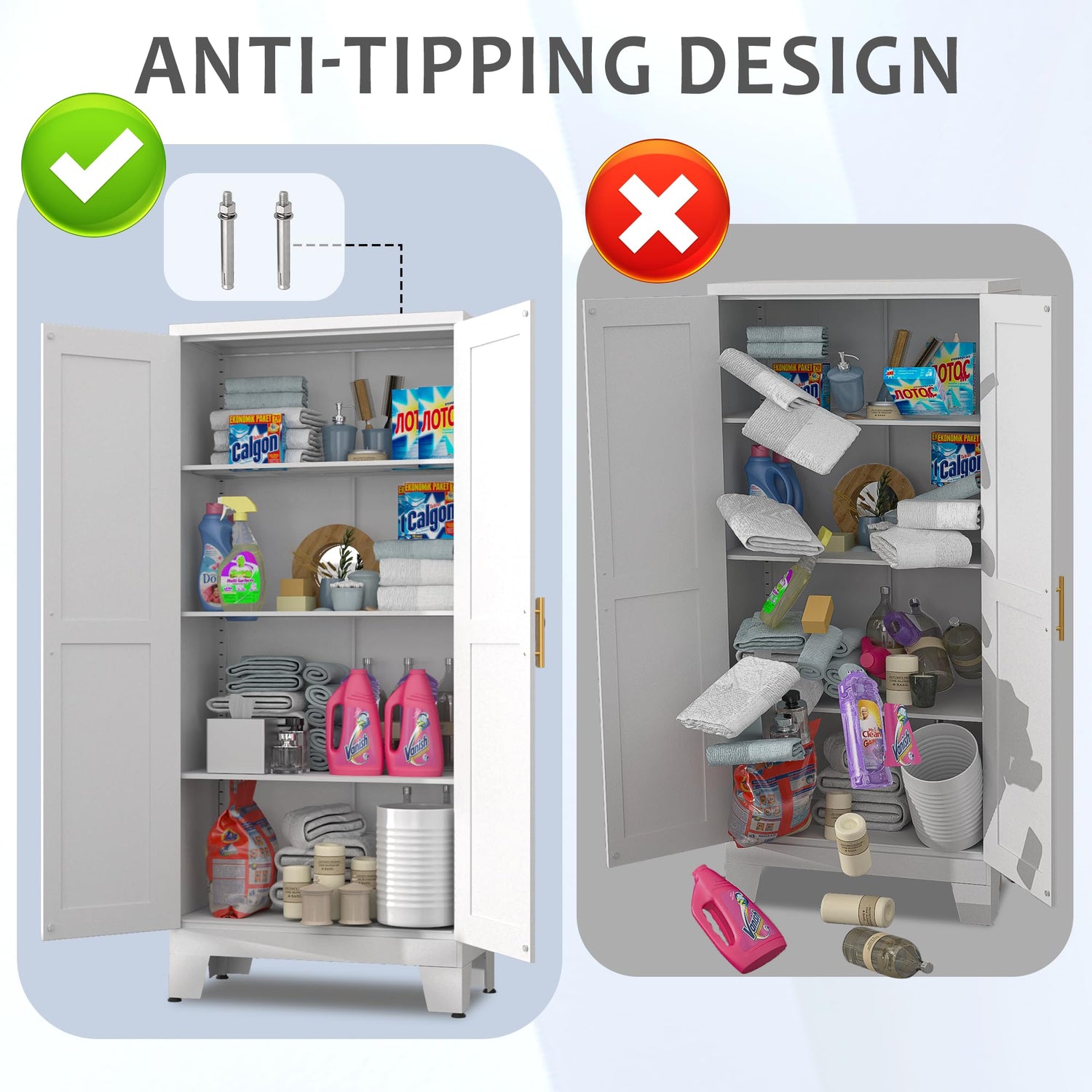 GAIOUS 61.02" Pantry Cabinet, Kitchen Pantry Storage Cabinets with Adjustable Shelves and Feet, White Pantry Storage Cabinet for Kitchen, Dining GAIOUS