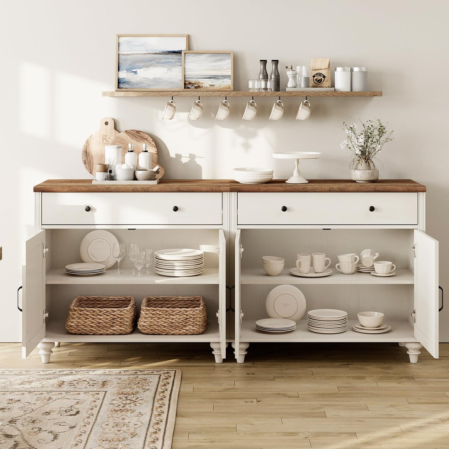 WAMAPT Buffet Cabinet with 4 Doors and 2 Drawers, Large Coffee Bar Tables Wood Kitchen Storage Cabinets with Storage Cabinets, Modern Farmhouse WAMPAT