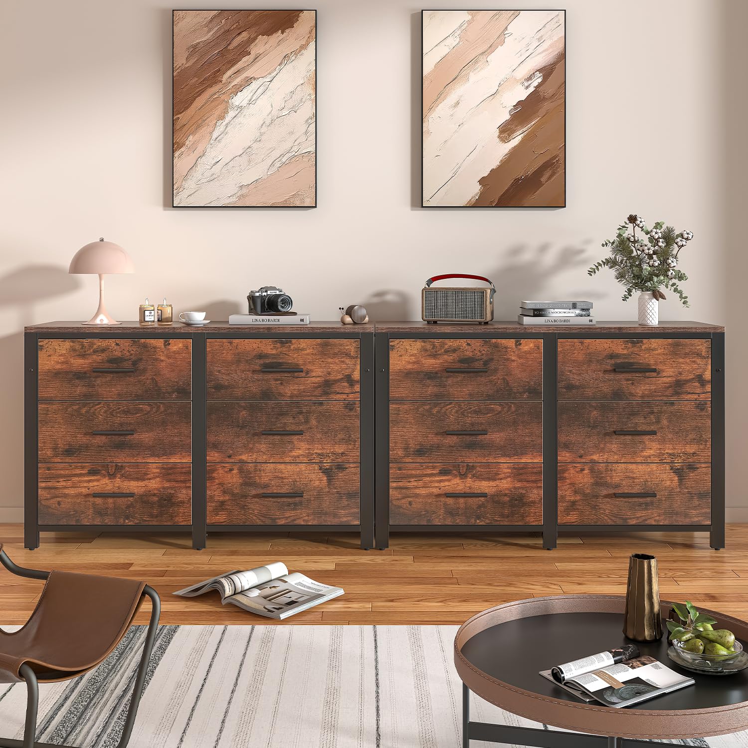 Frmobepts 6 Drawer Dresser, Wooden Dresser for Bedroom, 47" Metal Frame, Black Dresser, Natural Wooden Dresser Furniture, Storage Cabinet for Dining Frmobepts