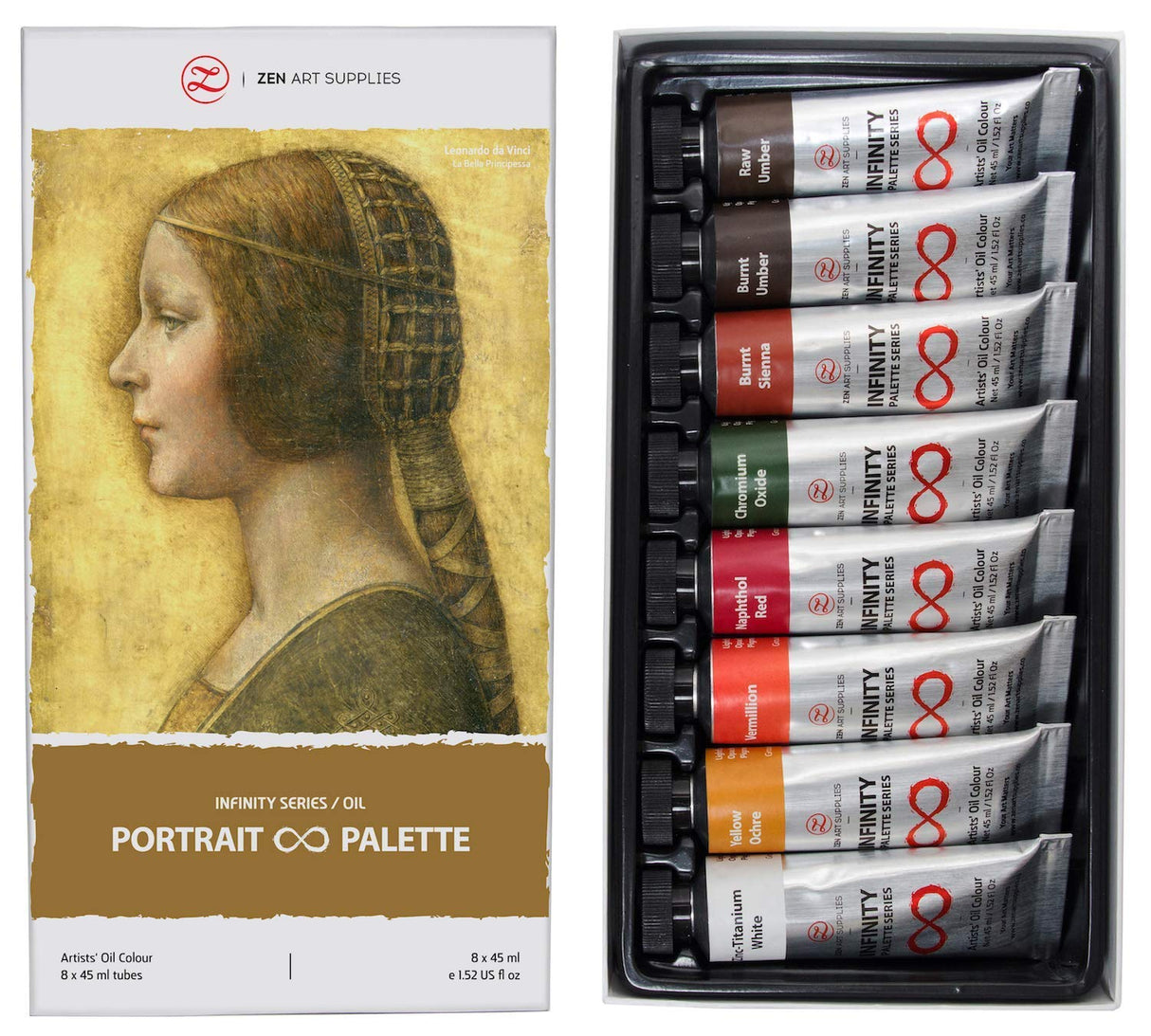 ZenART Non-Toxic Oil Paint Set for Professional Artists - 2 x 8 x 45ml Tubes - Bundle of Portrait, and Essential Palette of Eco-friendly Paint with ZenART Supplies