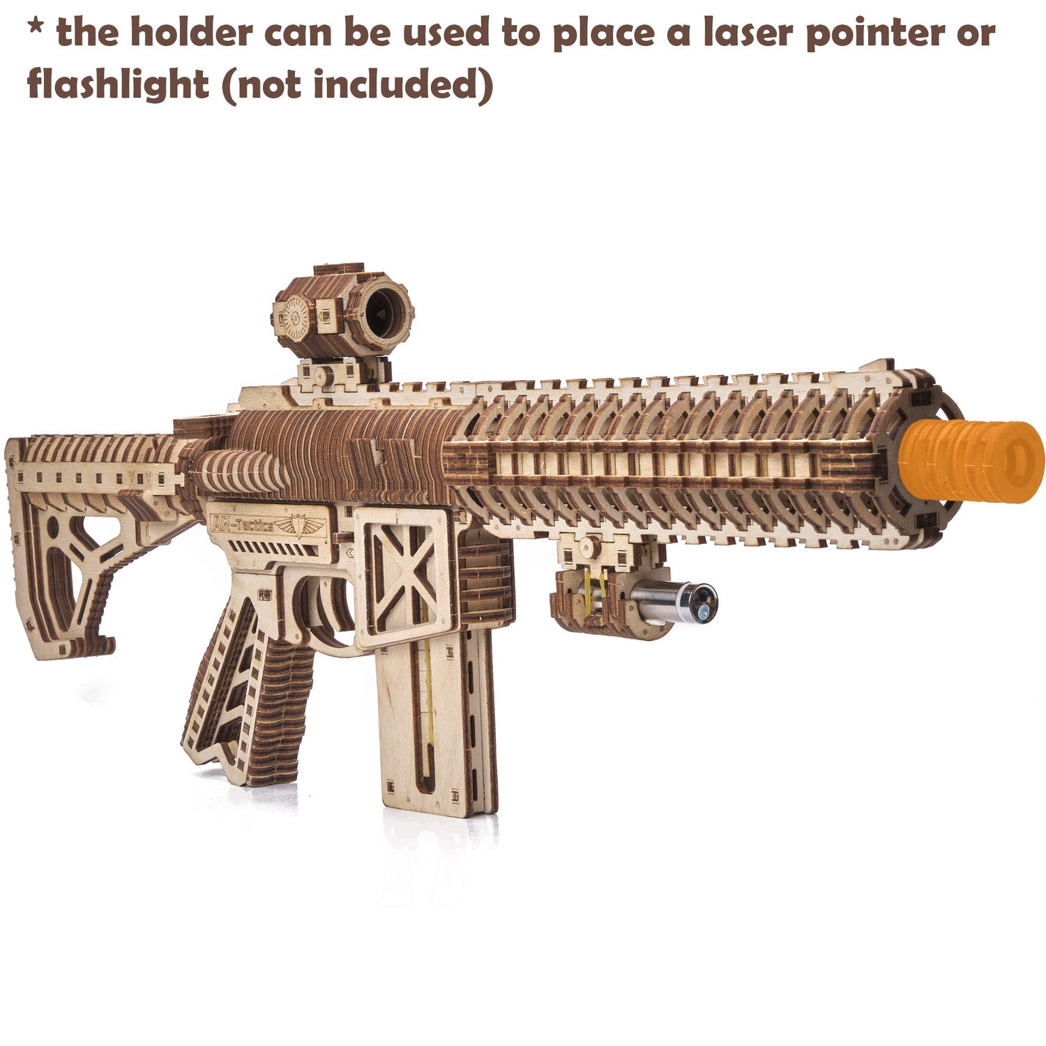 Wood Trick Assault Gun AR-T Model Kit for Adults and Teens to Build - with Telescoping Butt, Fuse, Sight and Clip for 12 Rounds - Detailed Wood Trick