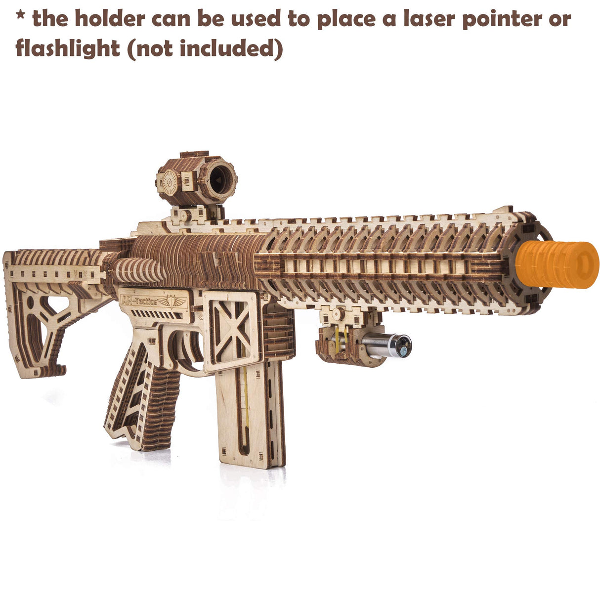 Wood Trick Assault Gun AR-T Model Kit for Adults and Teens to Build - with Telescoping Butt, Fuse, Sight and Clip for 12 Rounds - Detailed Wood Trick