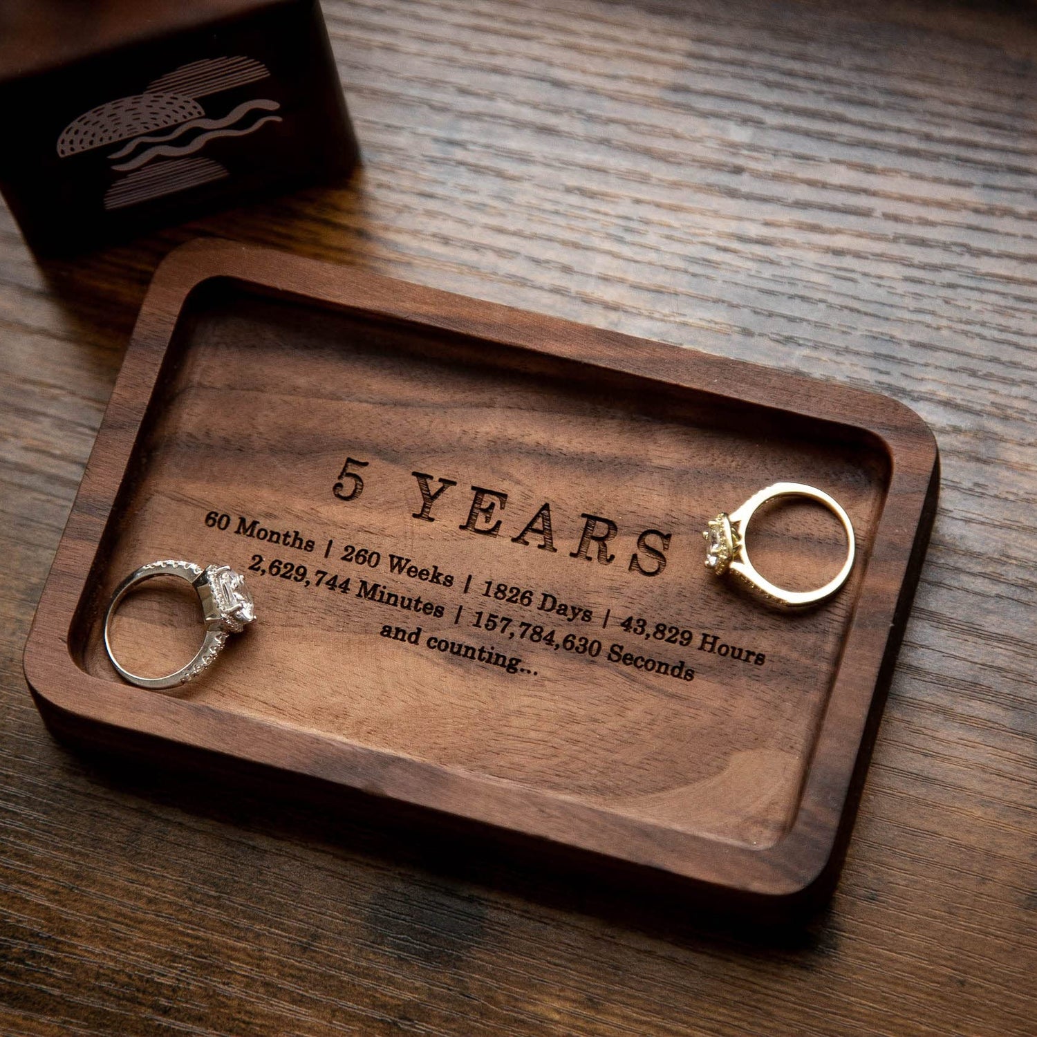 MUUJEE Ring Dish - Engraved Rectangle Wood Tray Small Jewelry Dish 5 Year Wedding Anniv Gifts Ideas - 5.5" x 3.5" (5 Years) MUUJEE