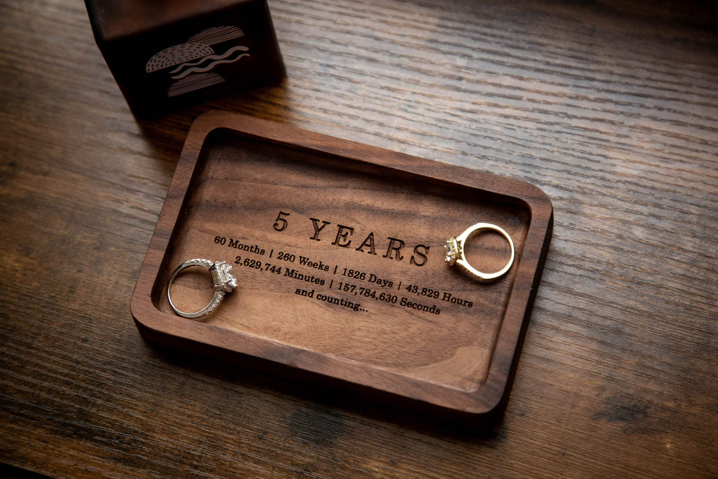 MUUJEE Ring Dish - Engraved Rectangle Wood Tray Small Jewelry Dish 5 Year Wedding Anniv Gifts Ideas - 5.5" x 3.5" (5 Years) - WoodArtSupply