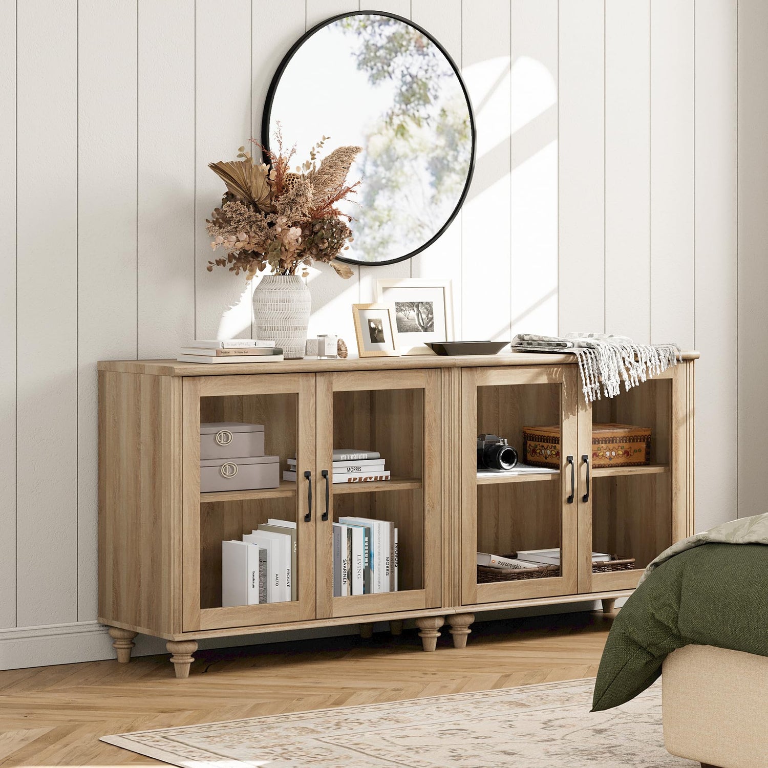 WAMAPT Sideboard Buffet Cabinets with 4-Glass Door, Kitchen Storage Cabinets, Wood Coffee Bar Tables with Adjustable Shelf, Accent Sideboard Storage WAMPAT