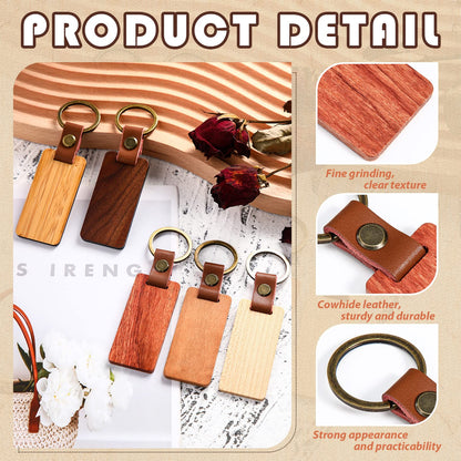 Batiyeer 30 Pcs Wooden Keychain Blanks Leather Wood Keychain Blank Wooden Keychain Wood Tags Unfinished Blanks Wood Keychain with Leather Strap