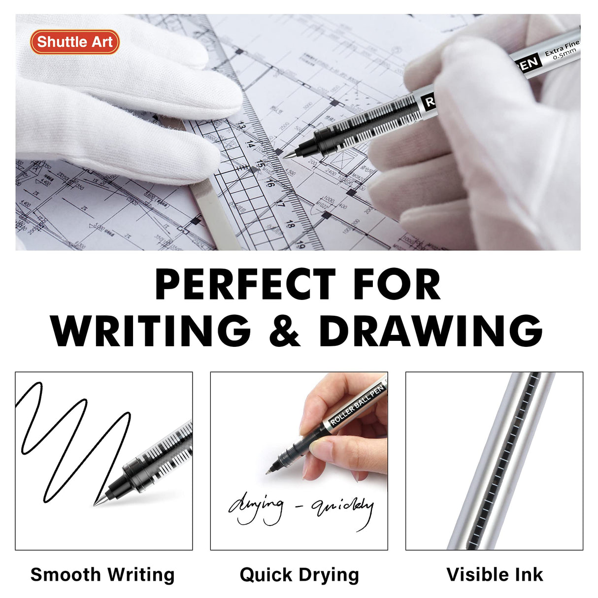 Shuttle Art RollerBall Pens, 25 Pack Black Fine Point Roller Ball Pens, 0.5mm Liquid Ink Pens for Writing Journaling Taking Notes School Office Shuttle Art