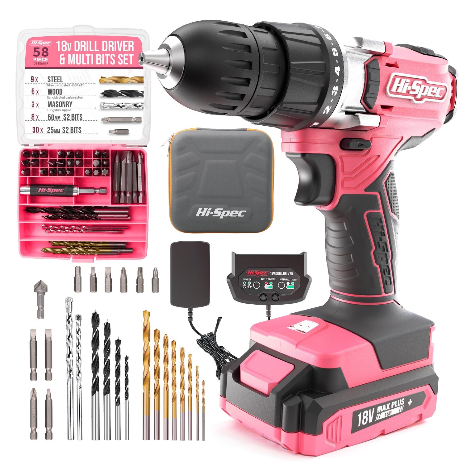 Hi-Spec 58pc Pink 18V Cordless Power Drill Driver, Bit Set & Case. Complete Home & Garage DIY Tool Hi-Spec
