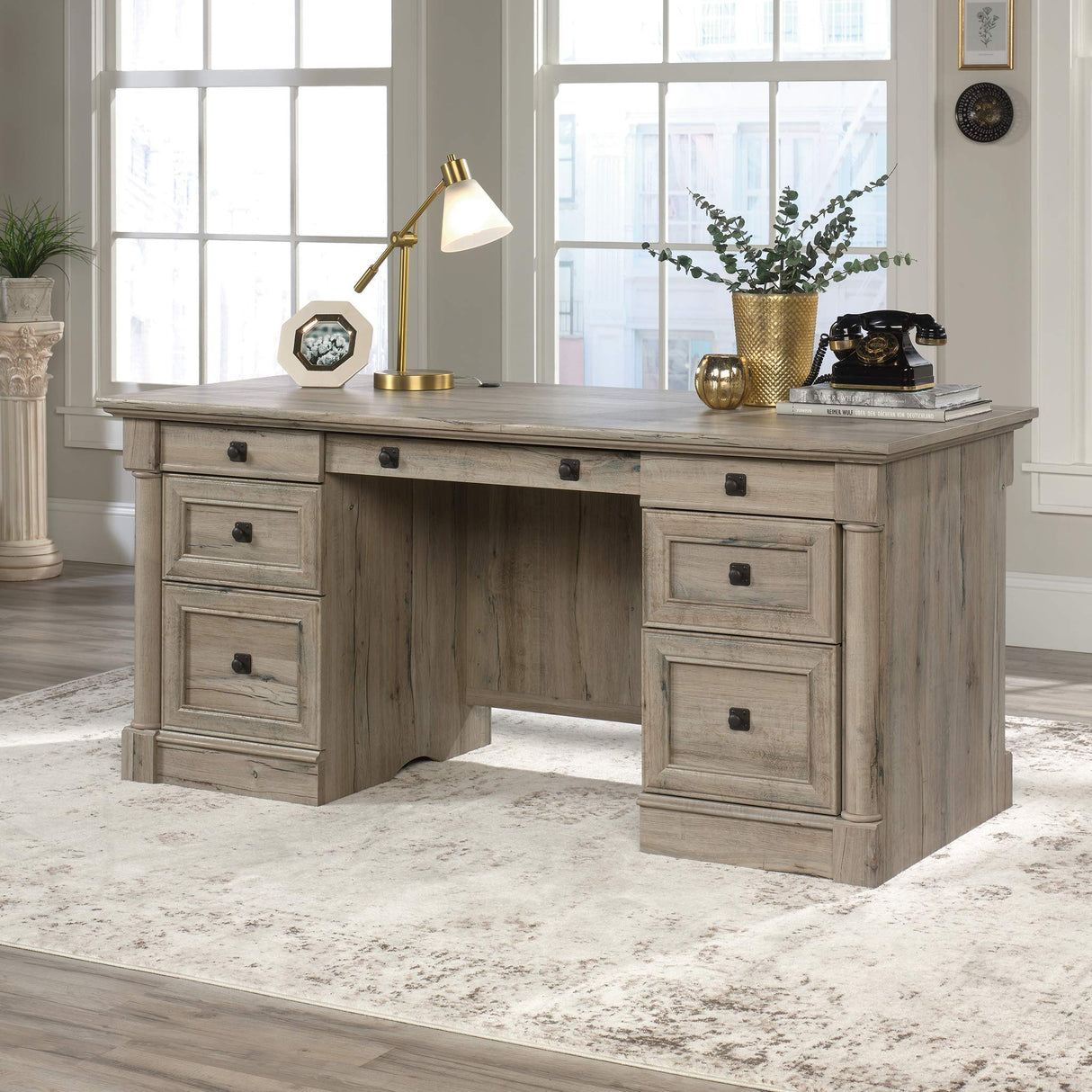 Sauder Palladia Executive Desk, L: 65.12" x W: 29.53" x H: 29.61", Split Oak finish Sauder