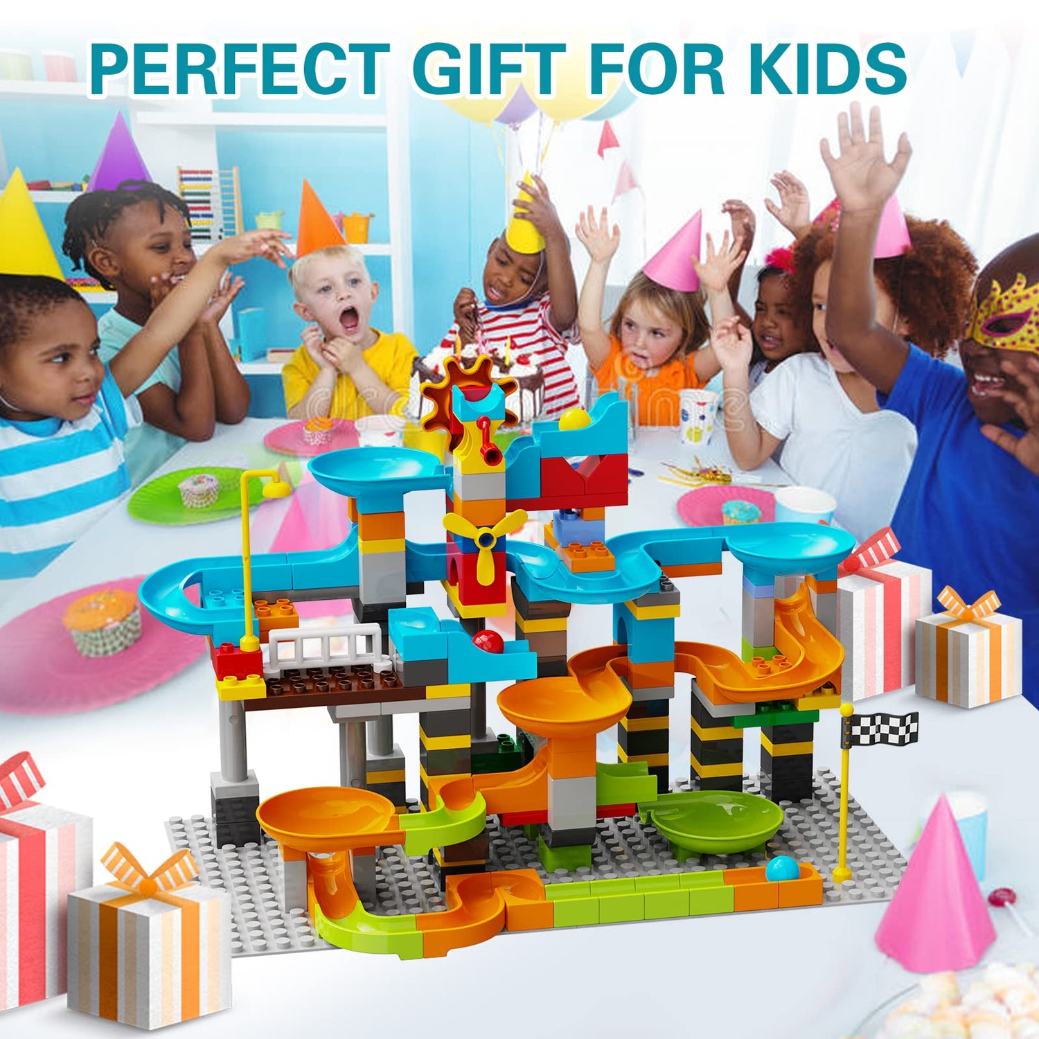 JIXIn Marble Run Building Blocks Compatible with LEGO DUPLO/3-IN-1 Multiplayer/Gear Handle Fun Marble Maze Blocks Building Toy Set/164 PCS Classic JIXIn