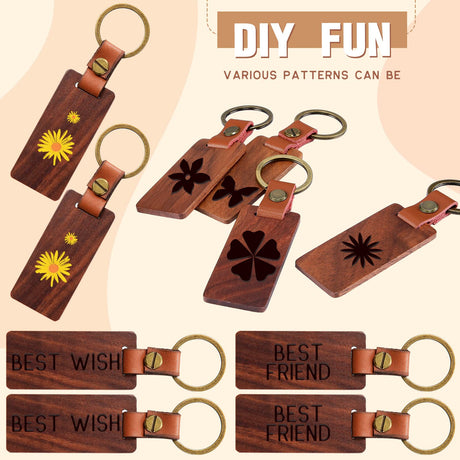 50 Pcs Leather Keychain Blanks Wooden Keychain Blanks Wood Keychain Blank Unfinished Wood Tags with Leather Strap Keyring (Walnut) Sasylvia