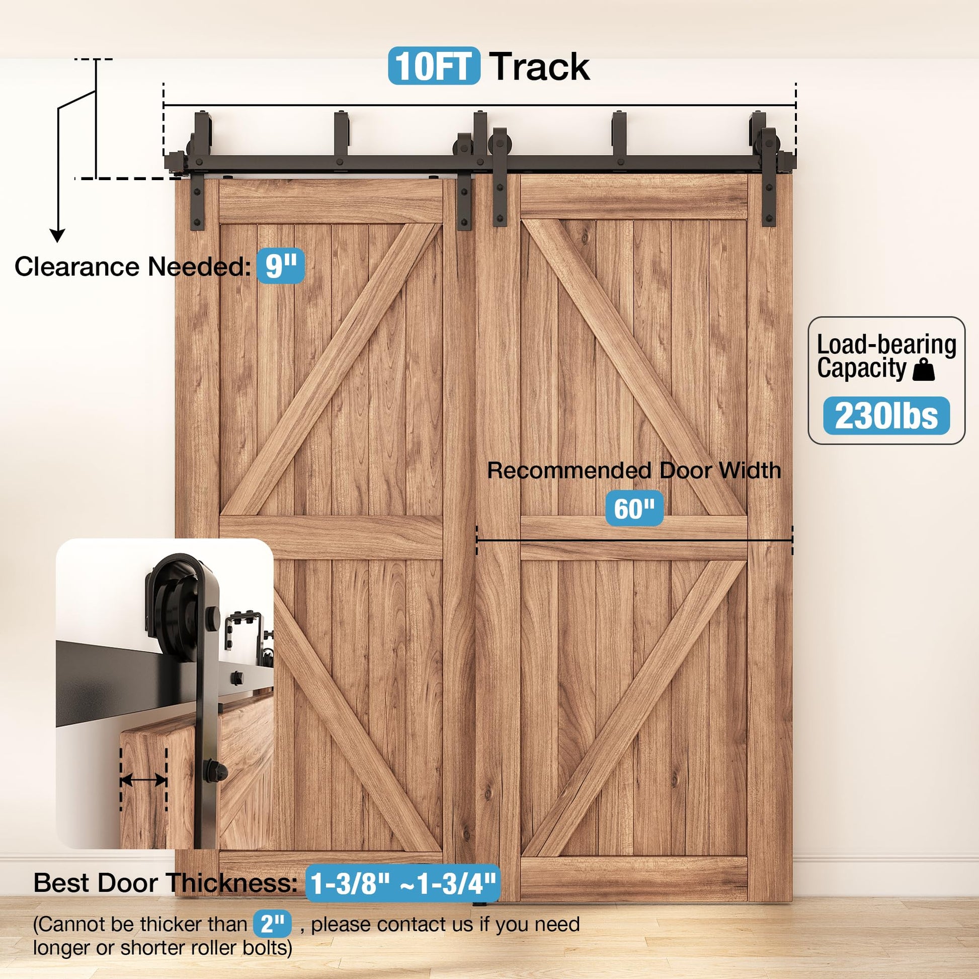 ZEKOO 10 FT Double Track Bypass Barn Door Hardware Kit Low Ceiling Wall Mount for Closet Double Wooden Doors (10FT Bypass kit) - WoodArtSupply