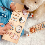 PUREFLY Personalized Name Puzzle for Kids Engraved Text Greetings on Back Custom Wooden Name Signs with Pegs for Baby Boy & Girl 1 Year Old Nursery PUREFLY