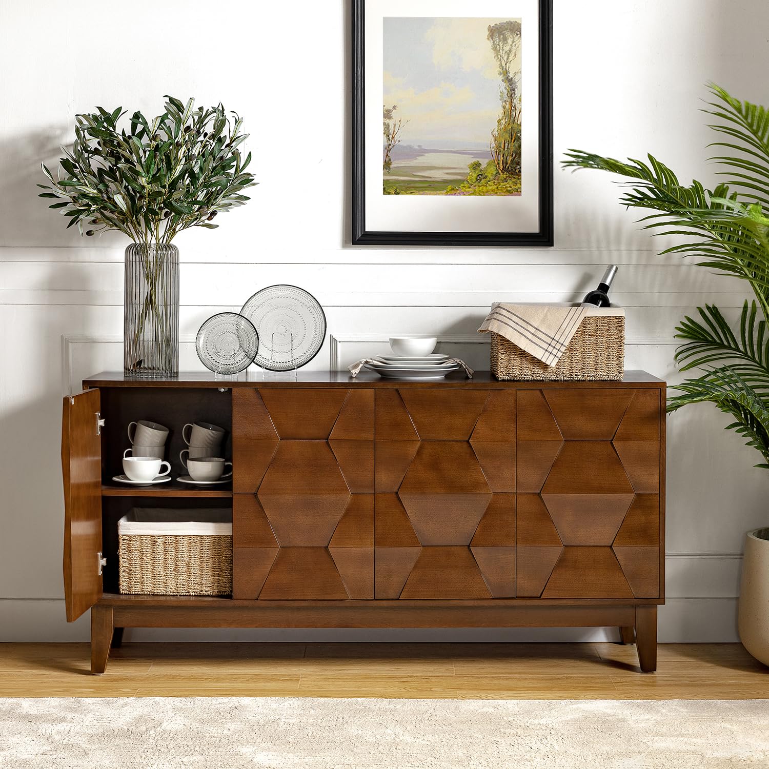 HULALA HOME Modern Sideboard Buffet Cabinet with Solid Wood Legs, 60" Kitchen Storage Cabinet Credenza with 4 Doors and 2 Interior Shelves, Accent - WoodArtSupply