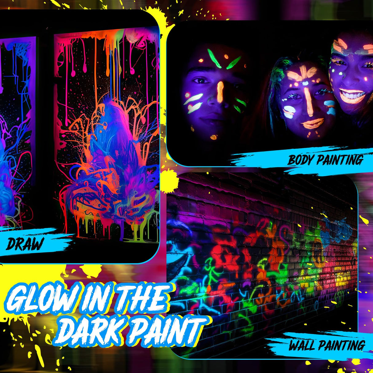 Fulmoon 6 Set Glow in The Dark Paint with Paint Brushes Black Light Neon Face Body Paint UV Acrylic Paint Set for Kids Halloween Christmas Painting Fulmoon