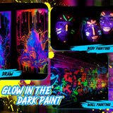 Fulmoon 6 Set Glow in The Dark Paint with Paint Brushes Black Light Neon Face Body Paint UV Acrylic Paint Set for Kids Halloween Christmas Painting Fulmoon