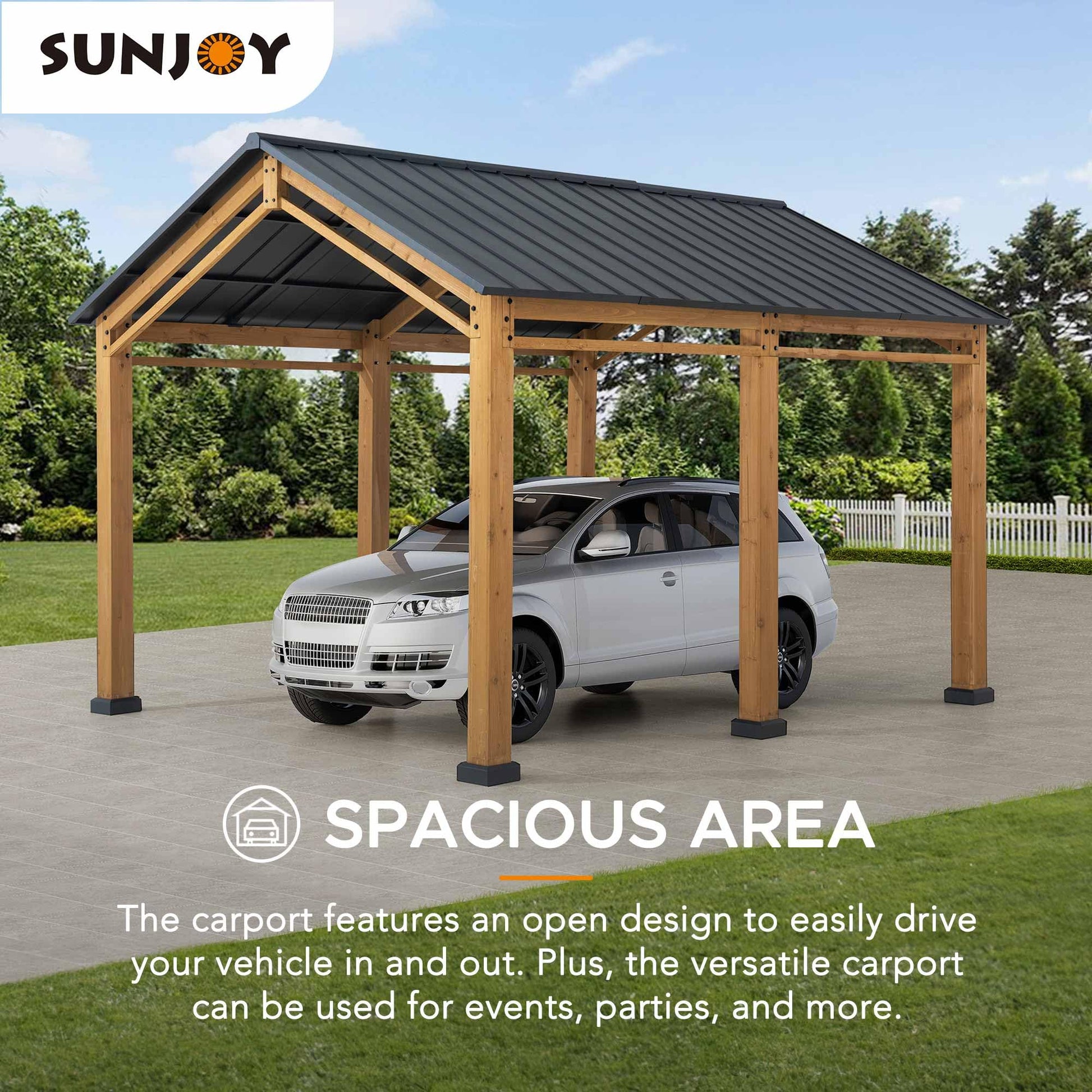 Sunjoy Wood Carport 11 x 13 ft. Outdoor Gazebo, Heavy Duty Garage Car Shelter with Steel Roof and Wooden Frame, Gable Roof Cedar Carport for Cars and - WoodArtSupply