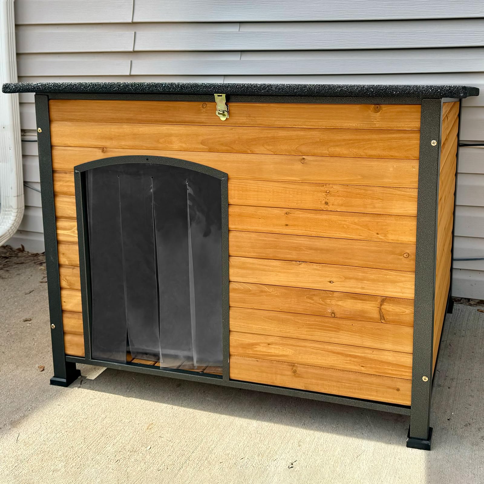 Insulated Outdoor Dog House with Liner for Winter Wooden Dog Kennel with All-Around Iron Frame,Waterproof - WoodArtSupply