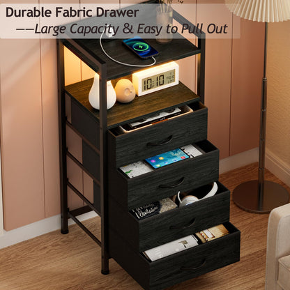 Furnulem 4 Drawer Nightstand with Shelf, Tall Black Dresser for Bedroom with Led Light and Charging Station, Bed Side Table for Living Room, Fabric
