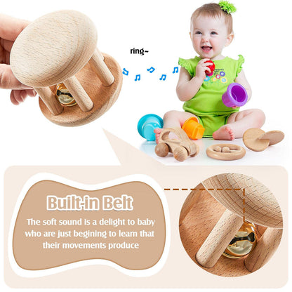 5 Pieces Wooden Baby Toys Wooden Toys for Babies 0-6-12 Months Wood Toys Rattles with Bells Montessori Wood Baby Push Car Wooden Newborn Toy for