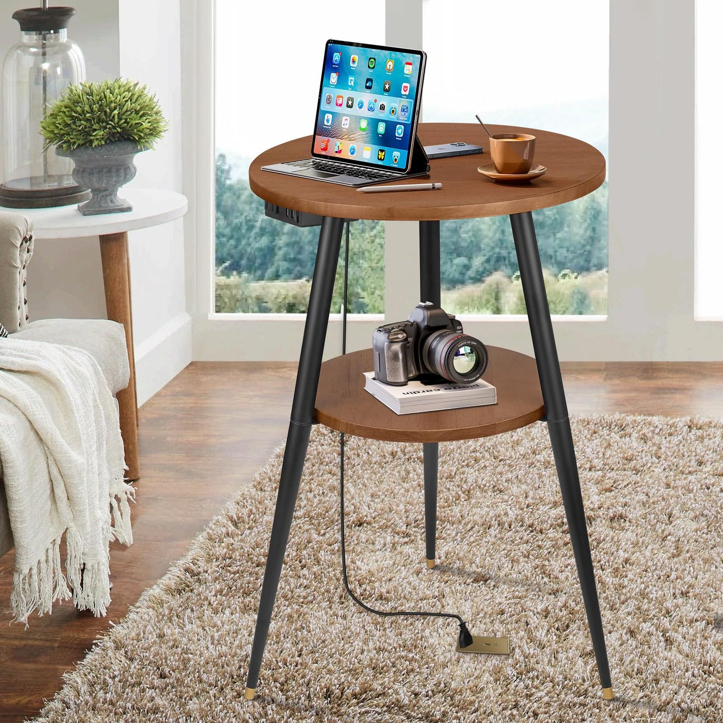 kinnary end Table with Charging Station, 2 Tier Walnut Wood Small Round Side with Storage for Small Spaces, Round nightstand Small Accent Table for