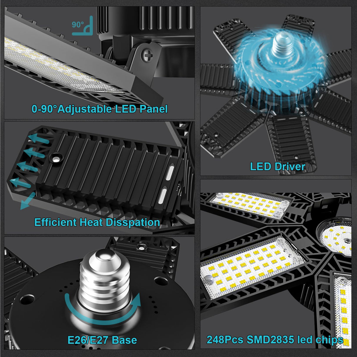 CHENGCHILIT LED Garage Light 2 Pack - 200w 20000LM 6500K Garage Lights Ceiling Led with 7+1 Adjustable Panels, Led Shop Lights Screw in E26 E27 Bulb CHENGCHILIT