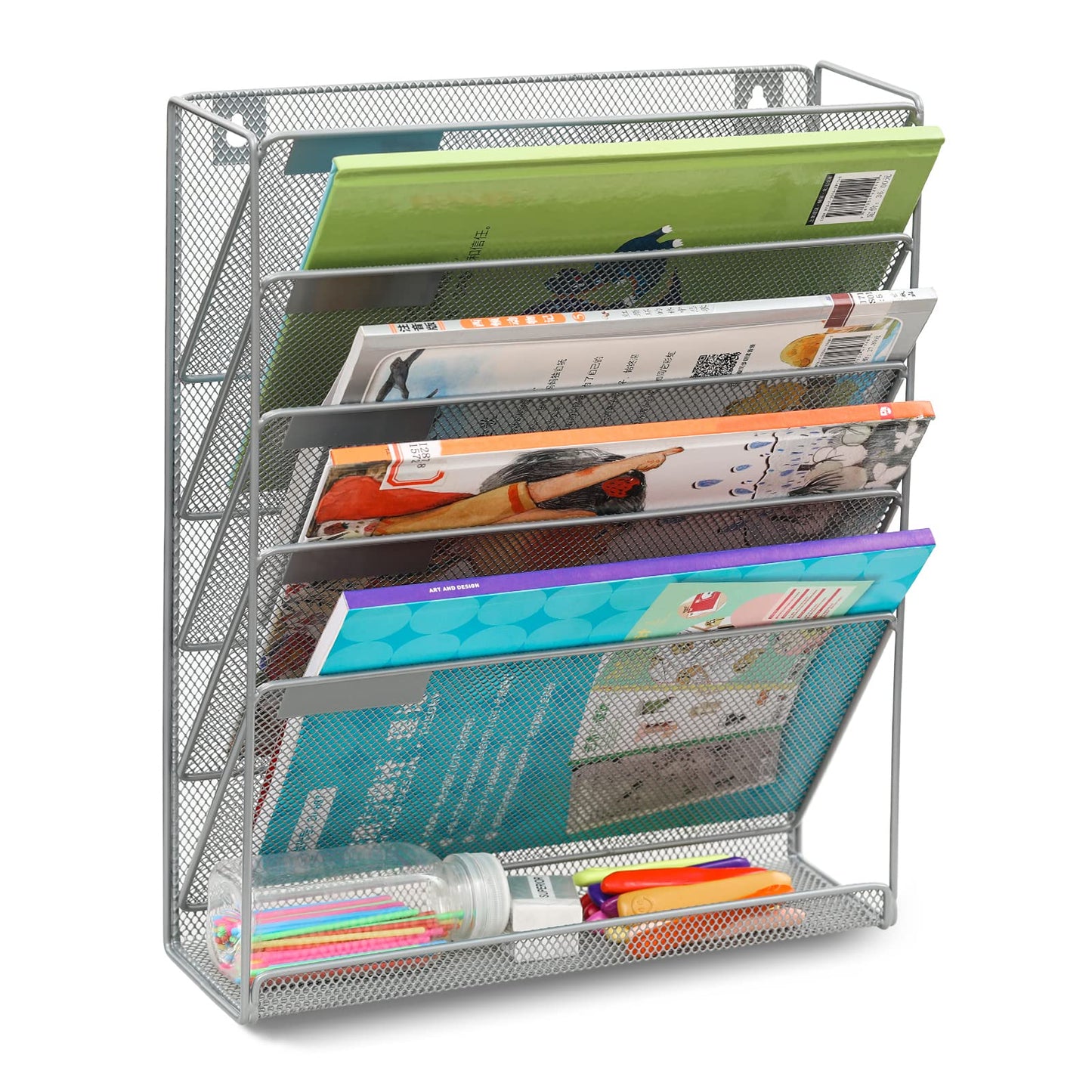 Superbpag Hanging File Organizer, 5 Tier Wall Mount Document Letter Tray Organizer, Silver