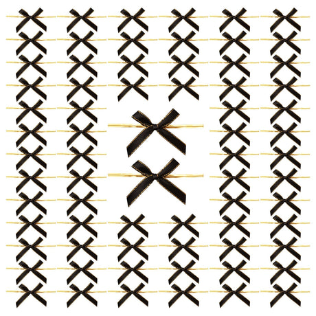 WANDIC Black Small Bows, 200Pcs Satin Twist Tie Bows with Golden Lace Christmas Halloween Mini Bow Pretied Bows for Gift Package Craft Candy Cookie WANDIC