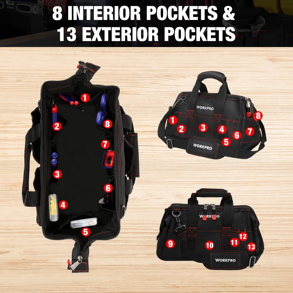 WORKPRO 16-inch Close Top Wide Mouth Tool Storage Bag with Water Proof Rubber Base, W081022A, 16" WORKPRO