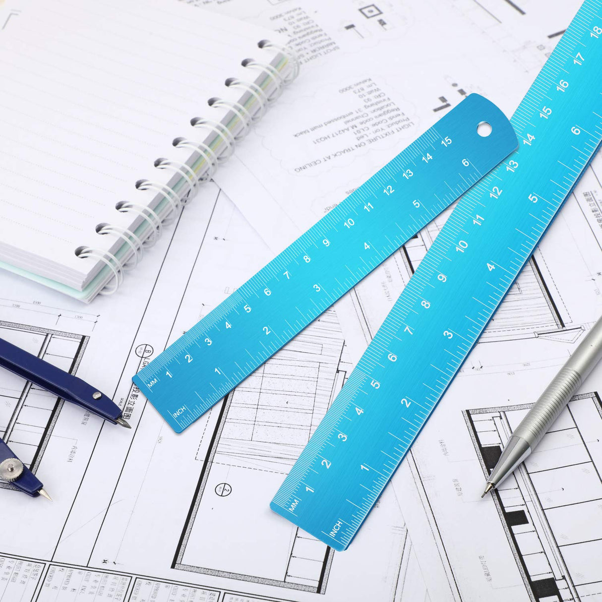 Stainless Steel Ruler and Metal Rule Kit with Conversion Table (Blue, 12 Inch, 6 Inch) EBOOT