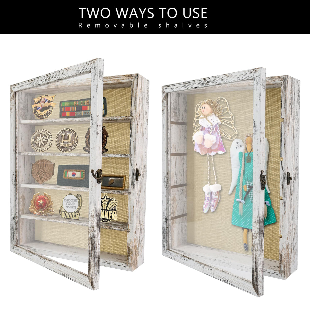 FramePro Shadow Box Frame with Removable Shelves, White 11x14 Deep Memory Box Display Case for Collectibles, Keepsake Coins Military Medals Pins FramePro