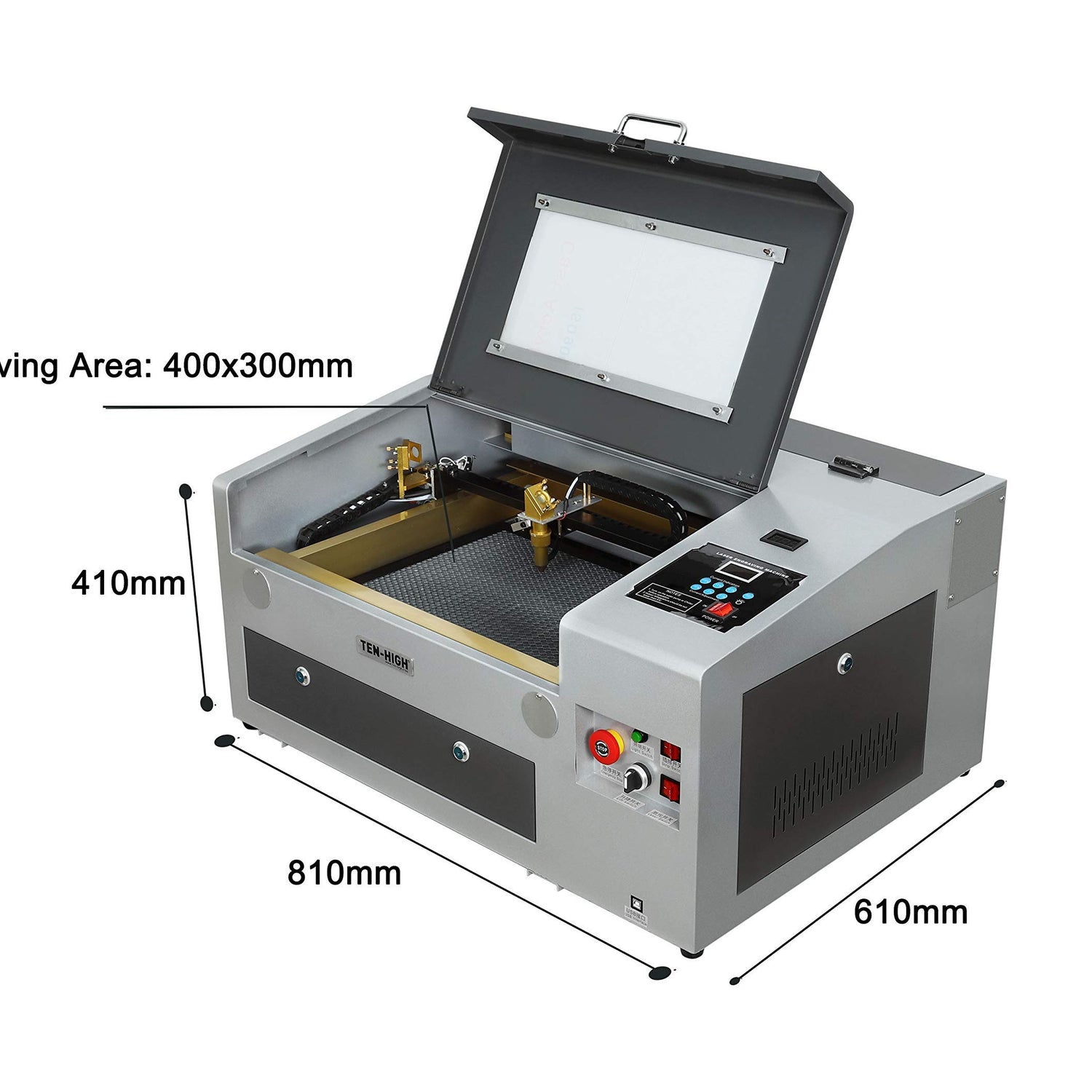 TEN-HIGH CO2 Engraving Machine 40W 300x400mm Laser Engraving Machine with Exhaust Fan USB Port, Standard Version Grey TEN-HIGH